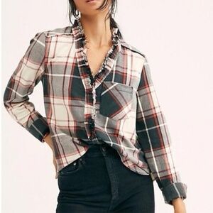 We The Free Always Forever Plaid Fringe Collar Button Up Top Size Small